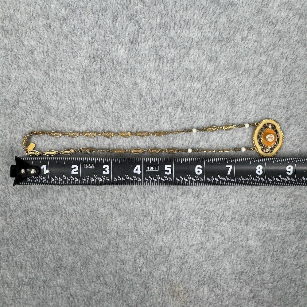 1928 Vintage Style Cameo Rose Pendant Necklace Gold Tone Filigree - Picture 7 of 7